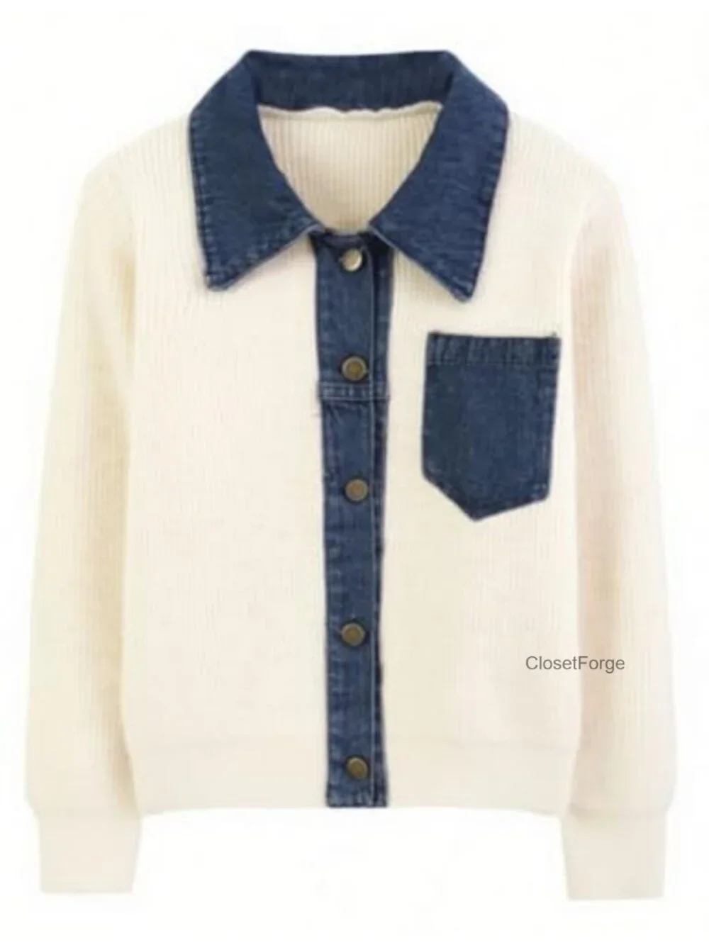 Knitted Long Sleeve Denim Patchwork Cardigan Sweater Jacket Top